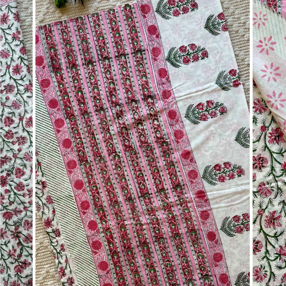 Floral Print Fabric with Pink and Green Accents New block Print cotton Saree - Picture 8 of 15